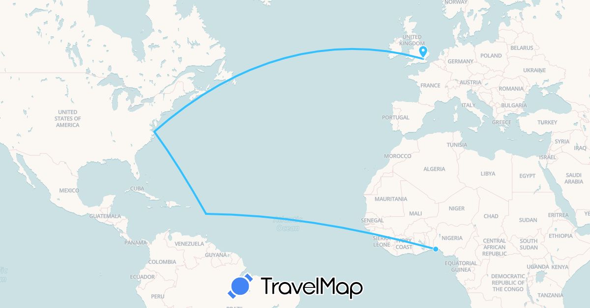 TravelMap itinerary: driving, boat in France, United Kingdom, Nigeria, United States (Africa, Europe, North America)